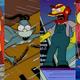 Left to right: scenes from The Devil and Homer Simpson, Terror at 5 1/2 Feet, Nightmare on Evergreen Terrace, and Hungry are the Damned, from various Simpsons Treehouse of Horror specials.